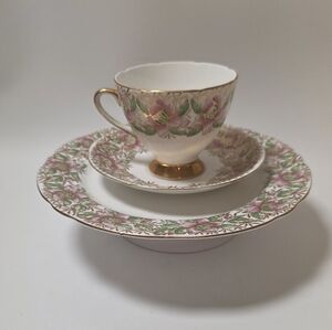 Vtg Gladstone Tea Cup Saucer and Luncheon Plate Bone China c. 1930s Pink & Gold